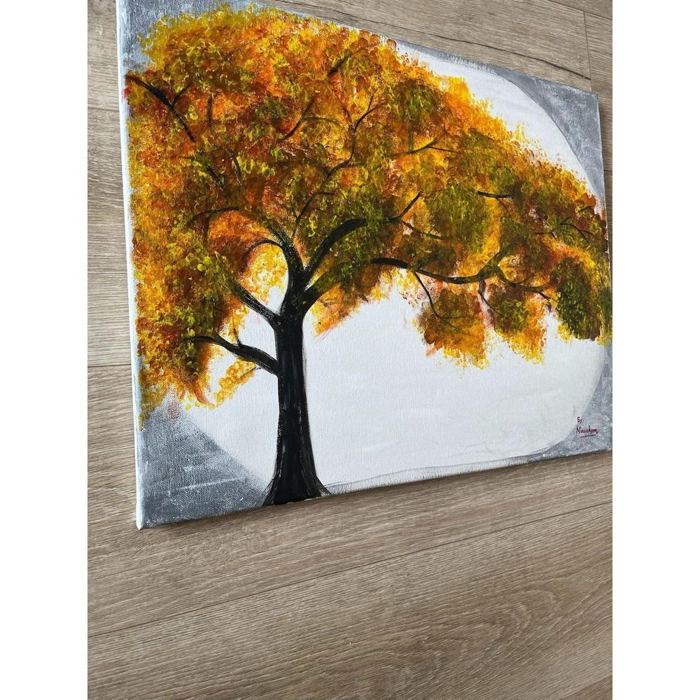 Acrylic Canvas Painting Lonely Autumn Yellow Green White H x 16 ,‎ W x 20 Inches - Picture 5 of 8